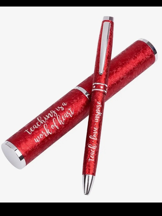 Other - 1287. Red Metallic Teacher Pen and Case Set - "Teaching is a Work of Heart"